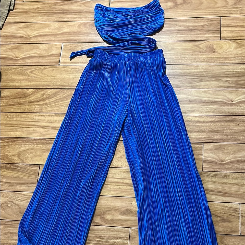 SHEIN Blue Wide Leg Jumpsuit with Pleated Texture